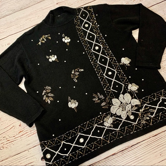 Vintage Beaded Knit Mock Neck Holiday Winter Sweater Victoria Jones Black Silver - Picture 7 of 15